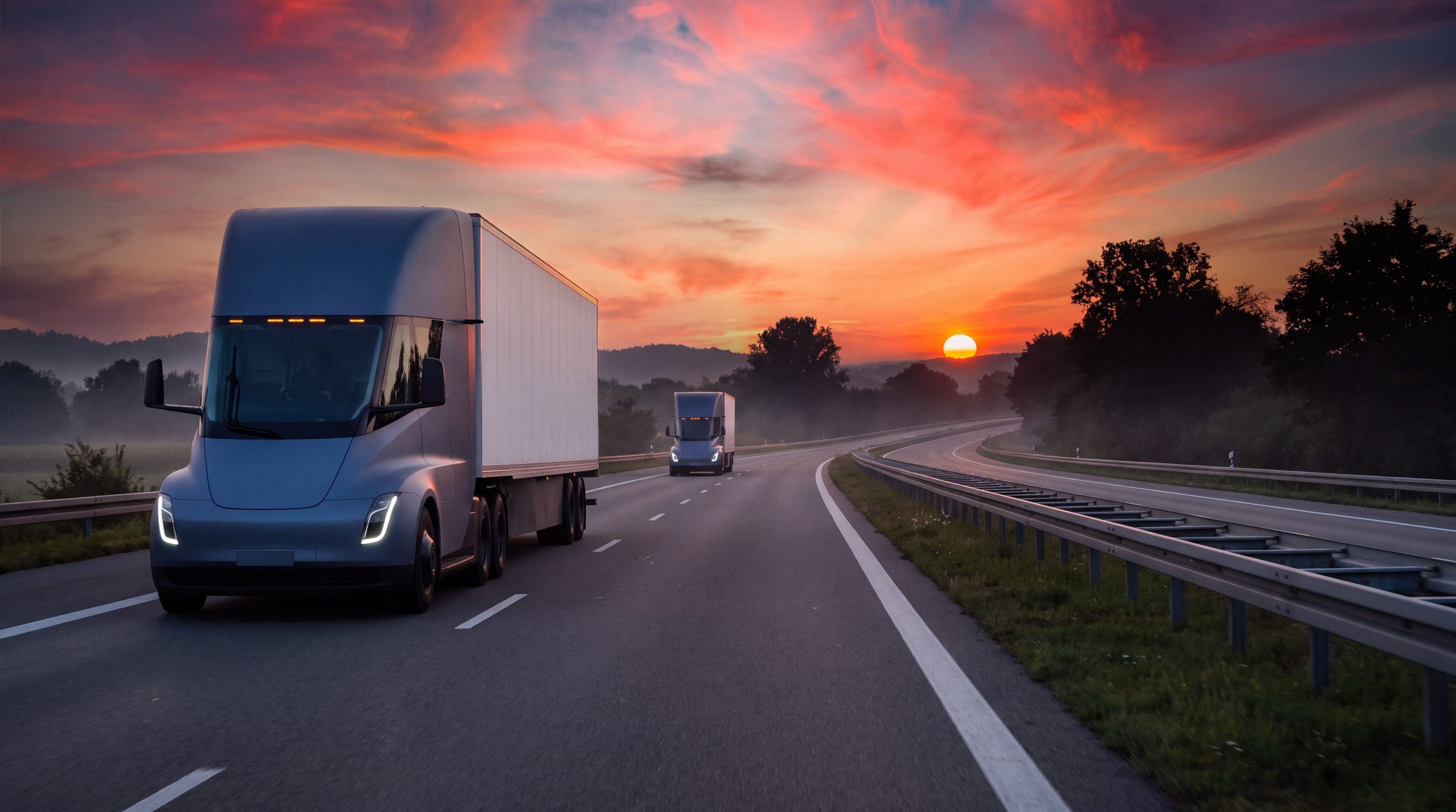 Two electric semi trucks on a curving highway at sunset